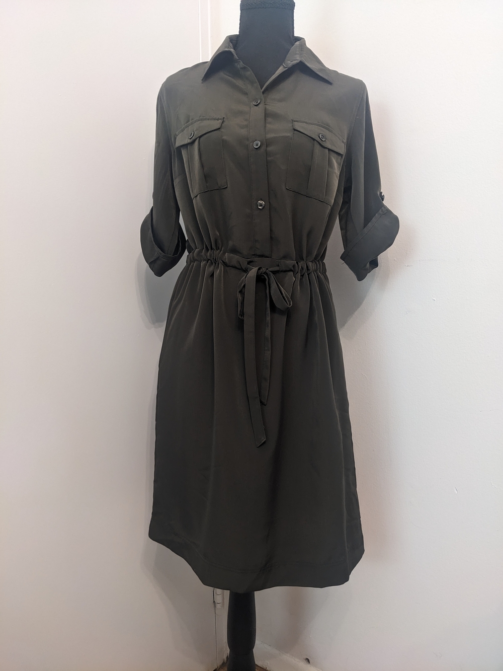 Mossimo Olive Green Utility Shirt Dress with Waist Tie and Adjustable Sleeves